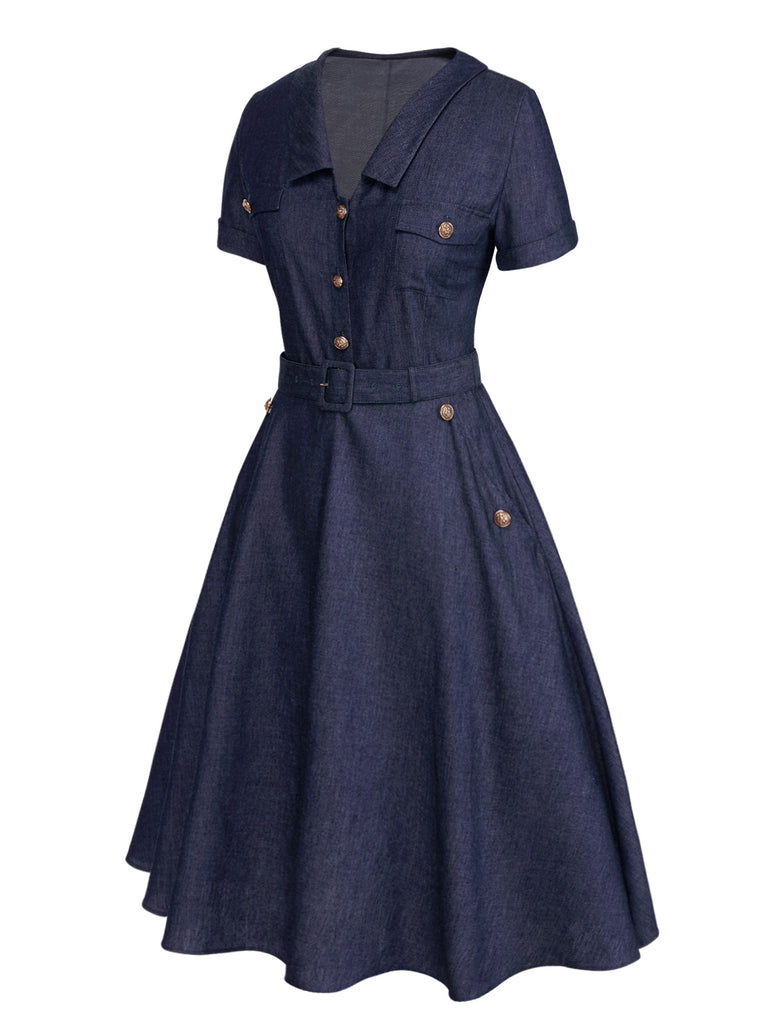 2PCS Blue 1940s Solid Lapel Blouse & Belt Skirt