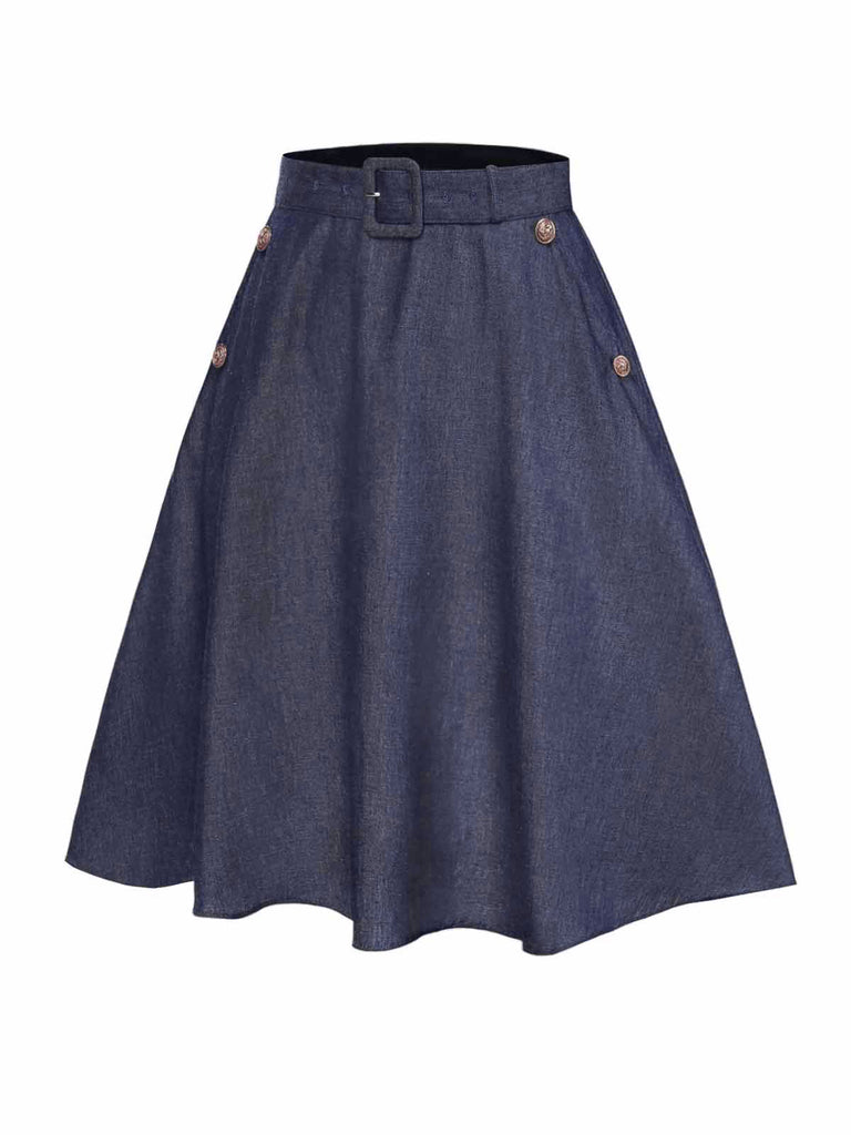 Blue 1940s Solid Button Skirt WIth Belt