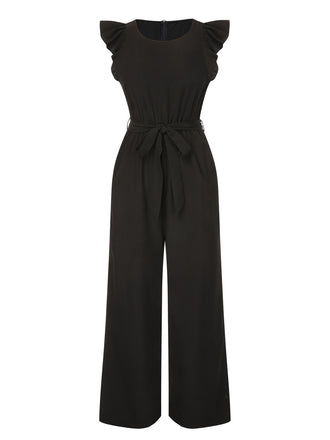 Black 1930s Solid Ruffle Sleeves Belted Jumpsuit
