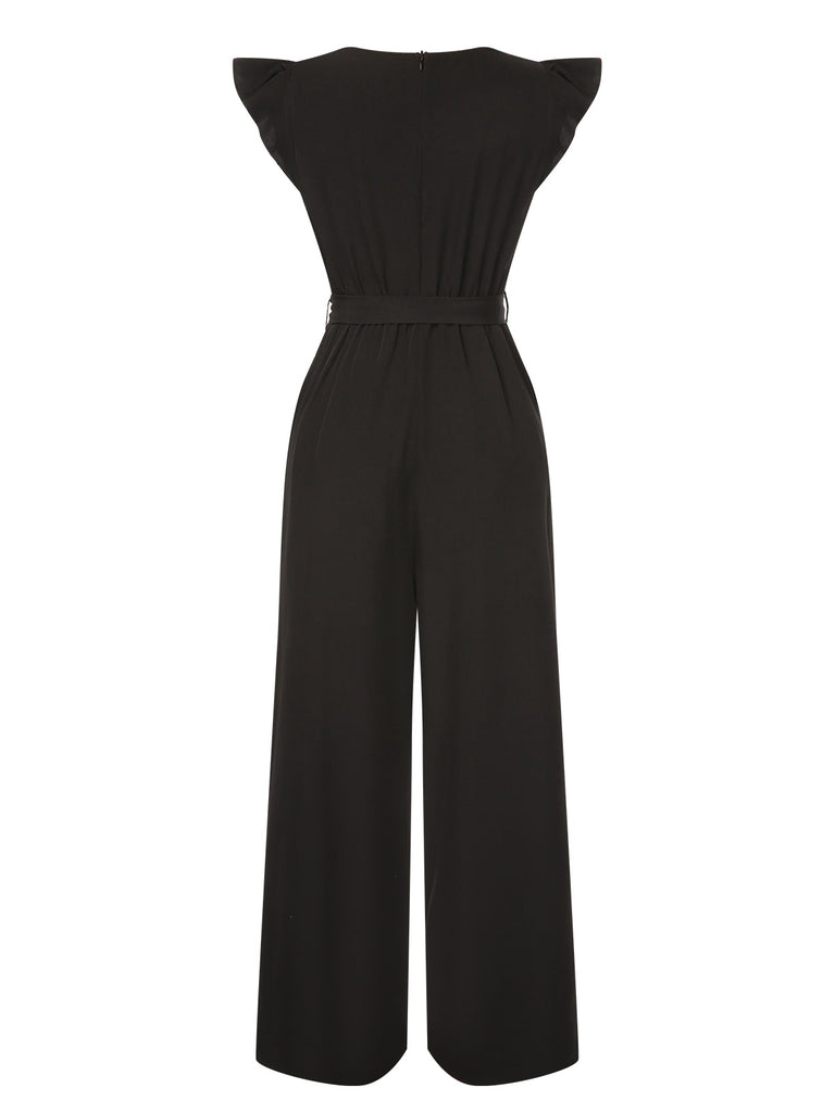 Black 1930s Solid Ruffle Sleeves Belted Jumpsuit