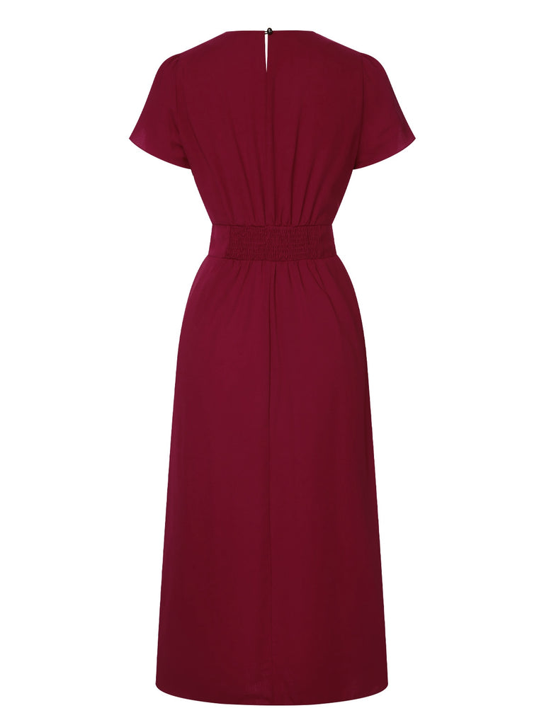 Wine Red 1960s Solid Side Slit Dress