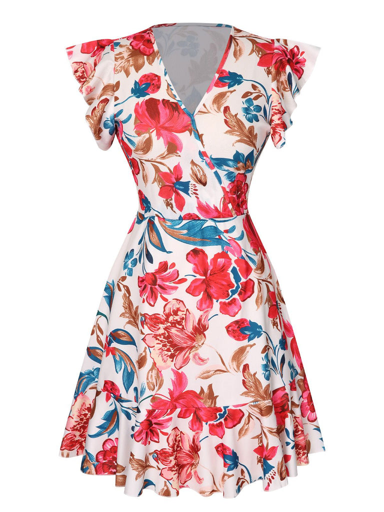 1930s V-Neck Floral Ruffles Flying Sleeve Dress