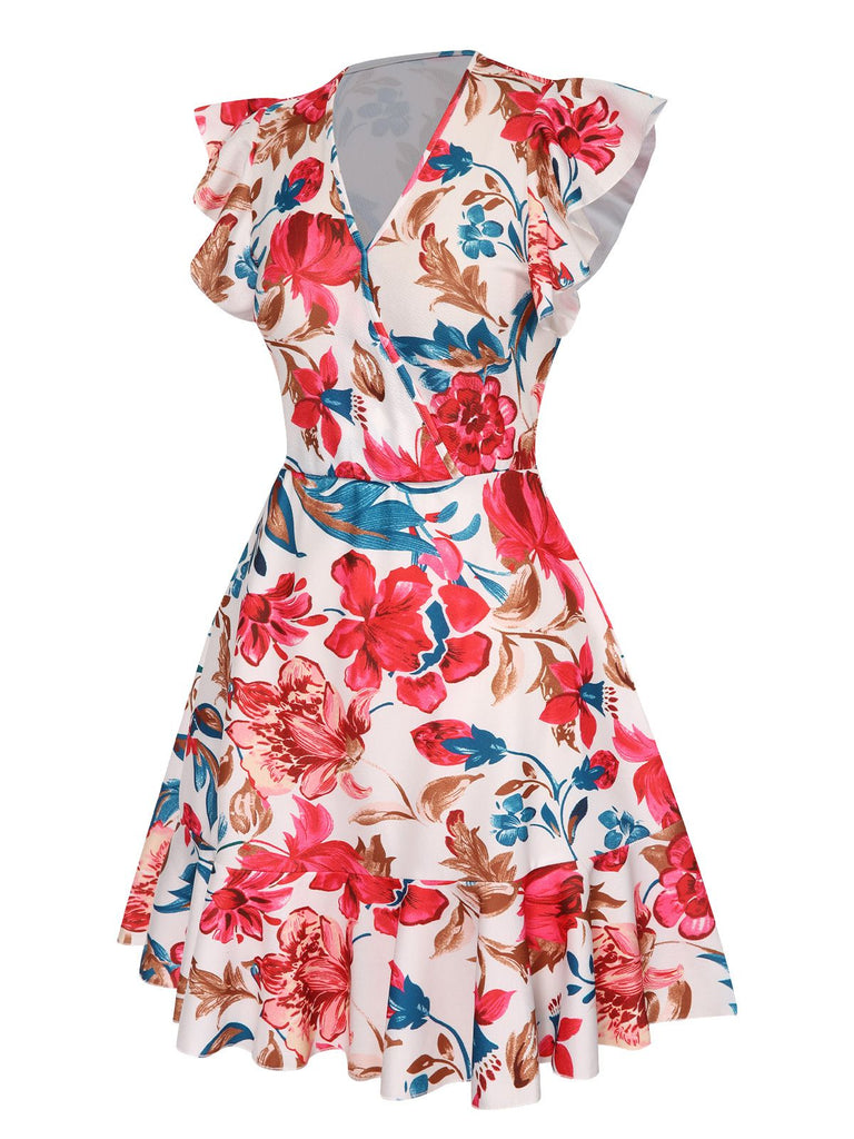 1930s V-Neck Floral Ruffles Flying Sleeve Dress