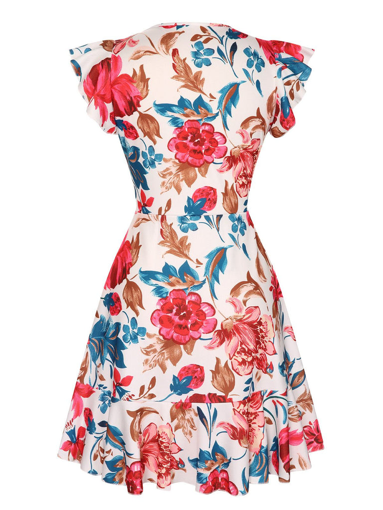 1930s V-Neck Floral Ruffles Flying Sleeve Dress