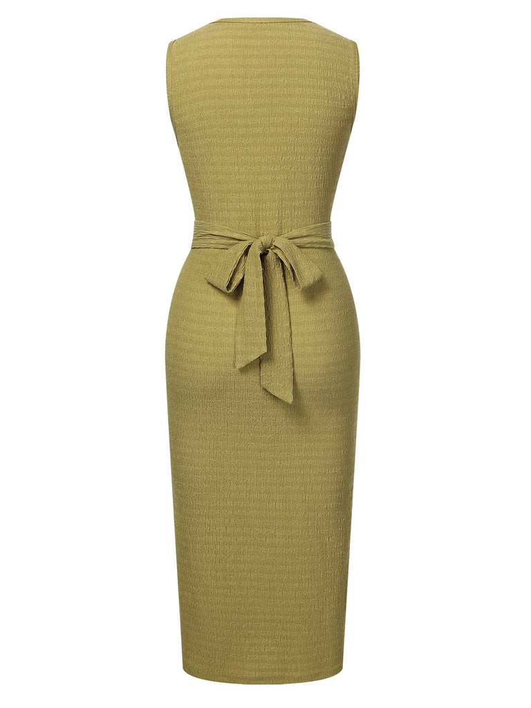 Green 1960s Textured Twist Tie Sleeveless Dress