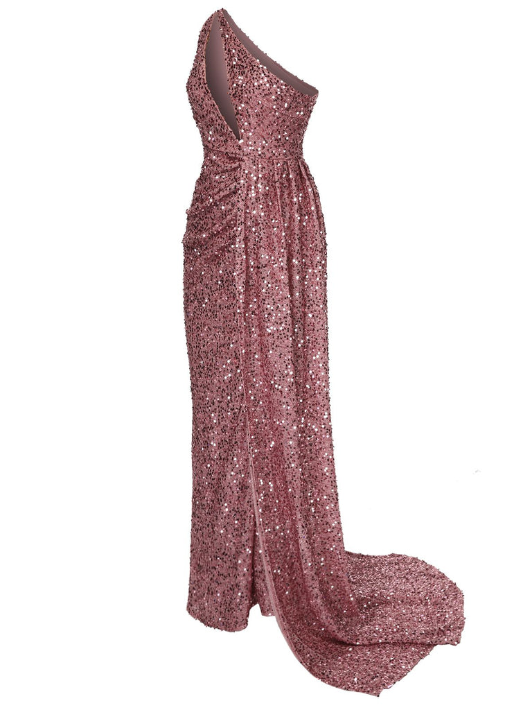 Purple 1920s One-Shoulder Sequined Maxi Dress