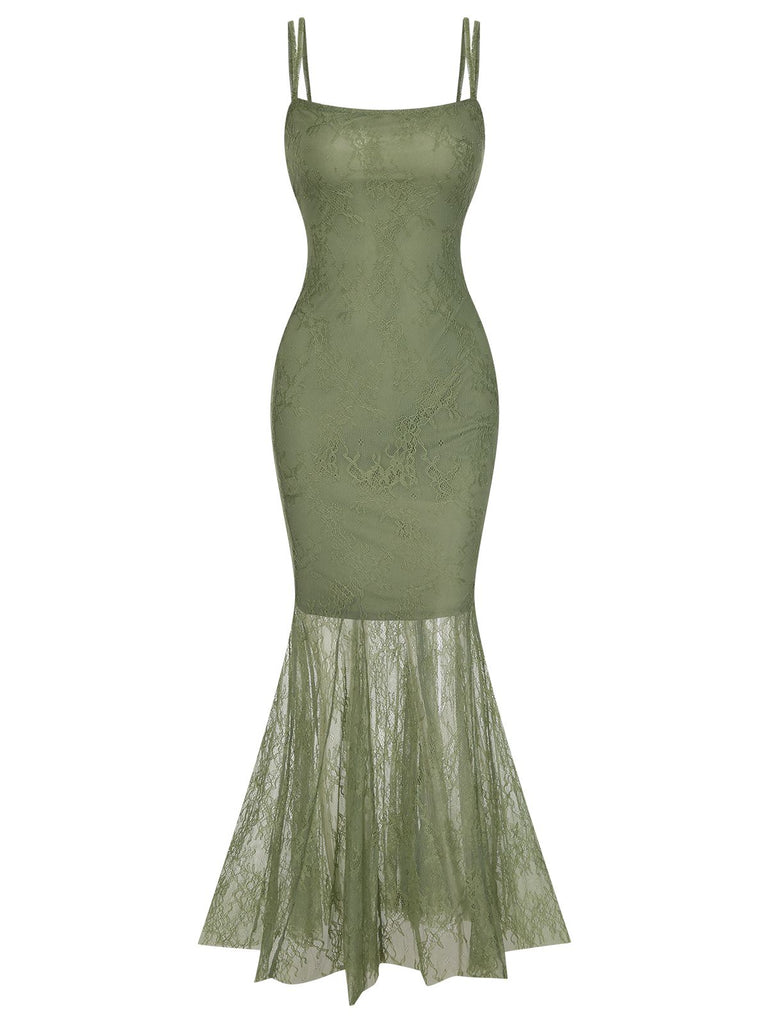 1930s Spaghetti Strap Lace Solid Mermaid Dress