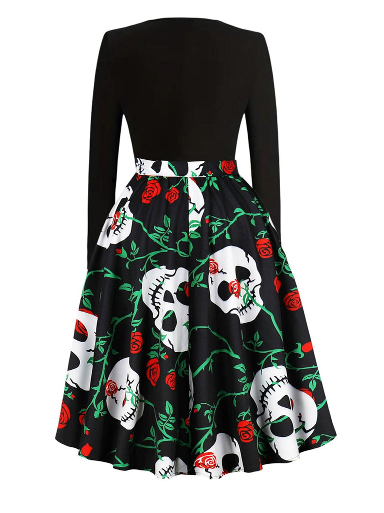 1950s Halloween Pattern Wave Neck Patchwork Dress