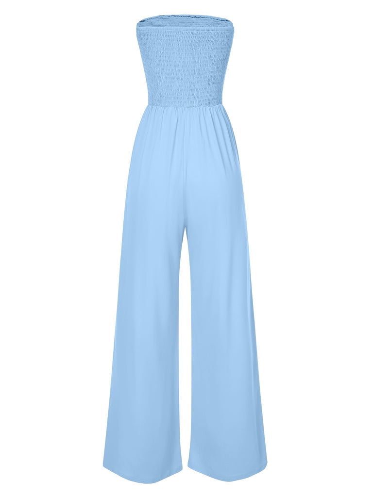 1970s Solid Sleeveless Smocked Bandeau Jumpsuit