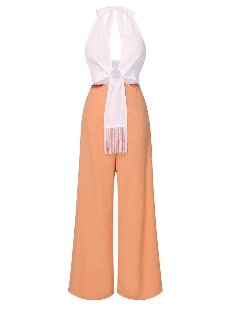 Orange 1930s Color Block Deep V Halter Jumpsuit