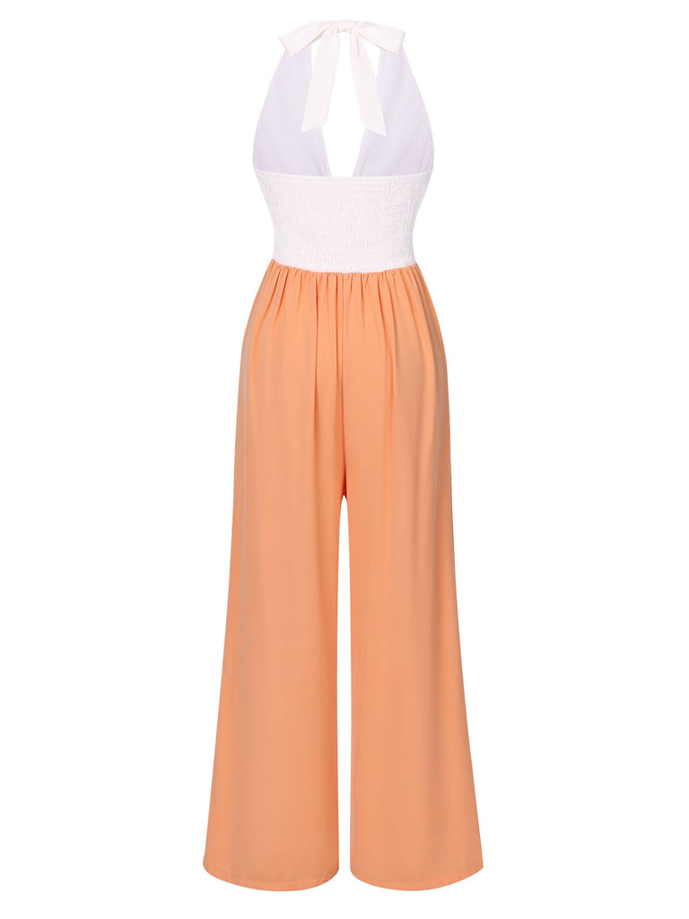 Orange 1930s Color Block Deep V Halter Jumpsuit