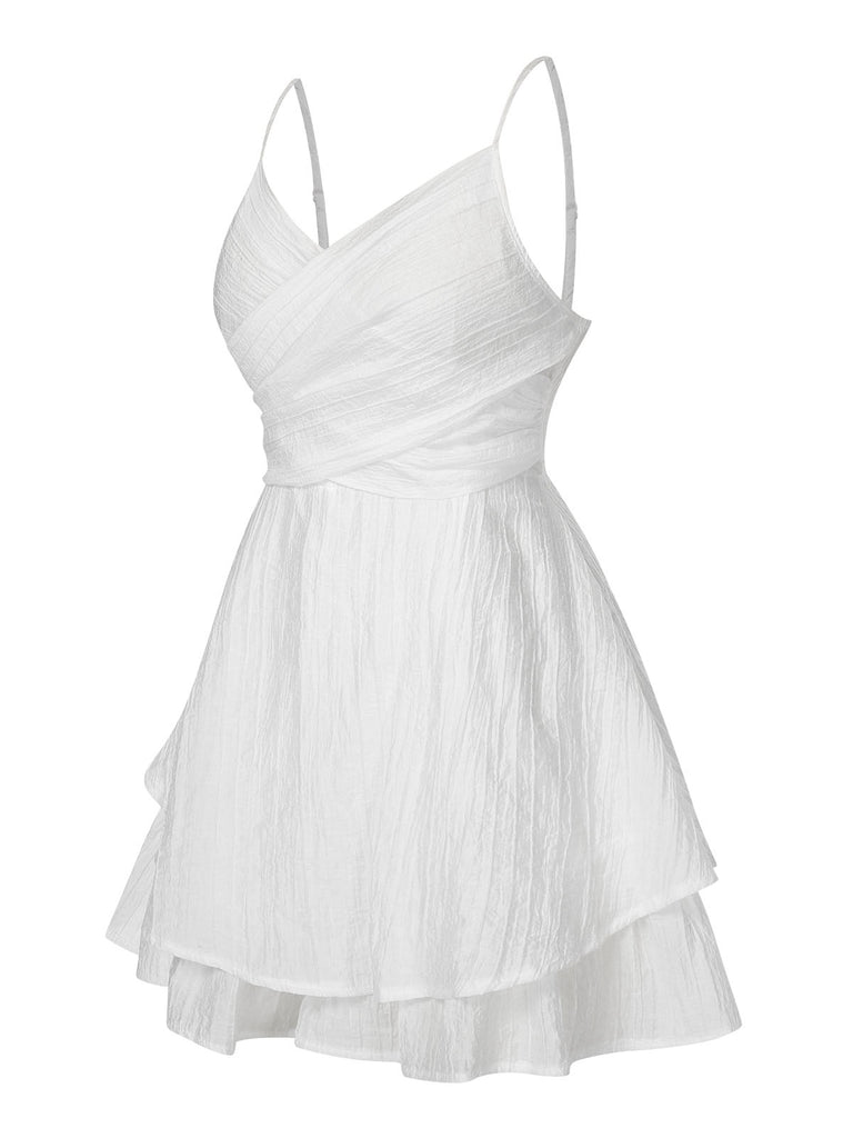 White 1950s Solid Spaghetti Straps Skirt Romper