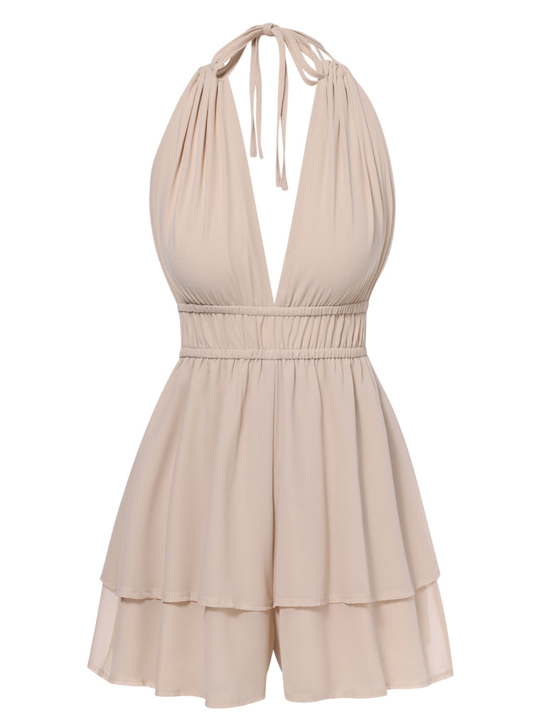 Beige 1950s Halter Deep V-Neck Backless Romper