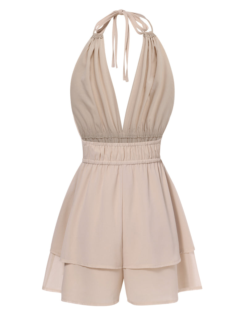 Beige 1950s Halter Deep V-Neck Backless Romper