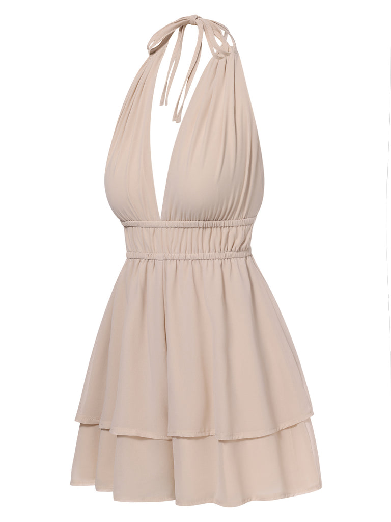 Beige 1950s Halter Deep V-Neck Backless Romper