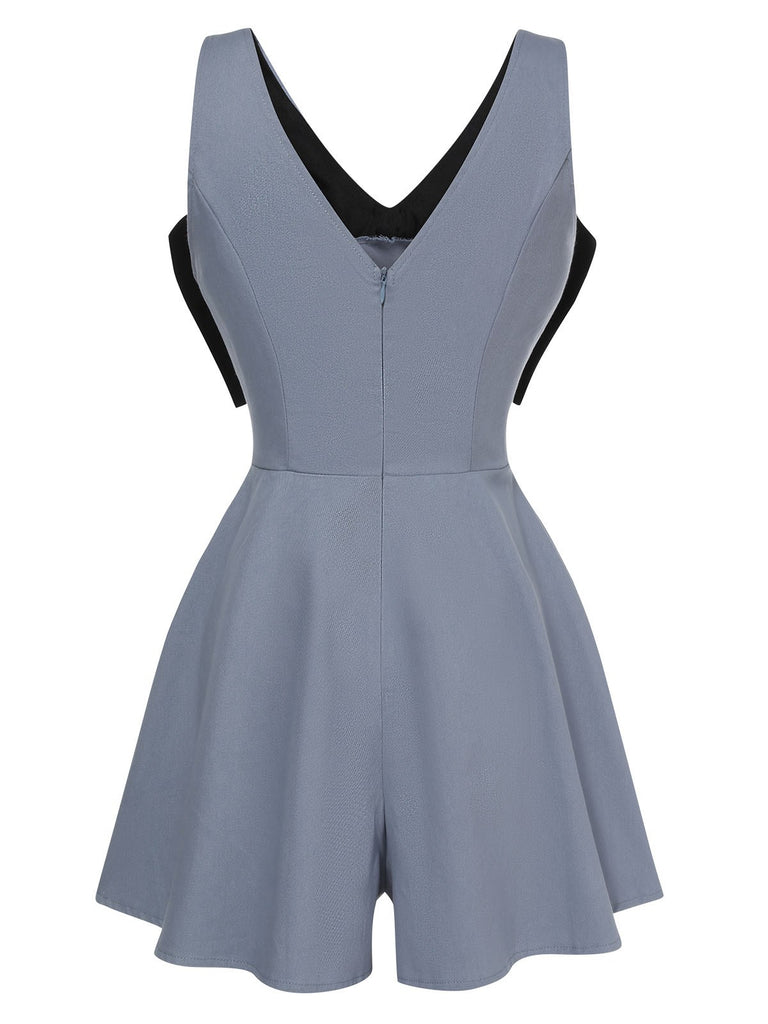 Blue 1950s Big Bowknot Patchwork Romper