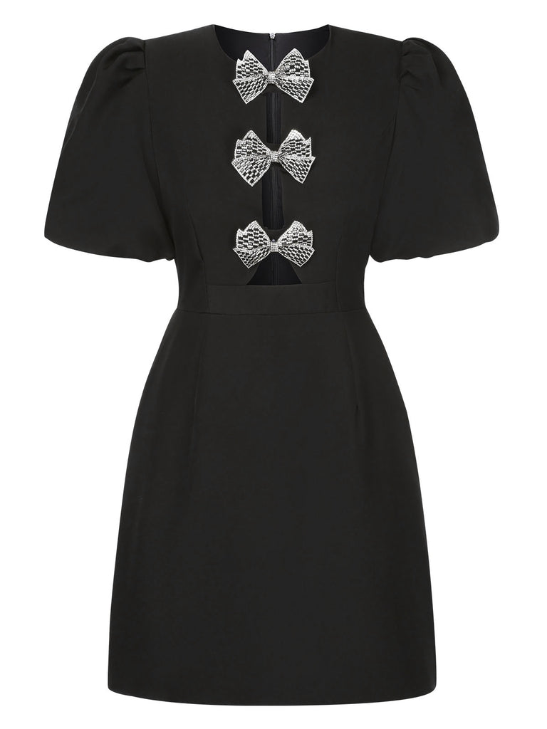 Black 1960s Solid Bow Hollow Puff Dress