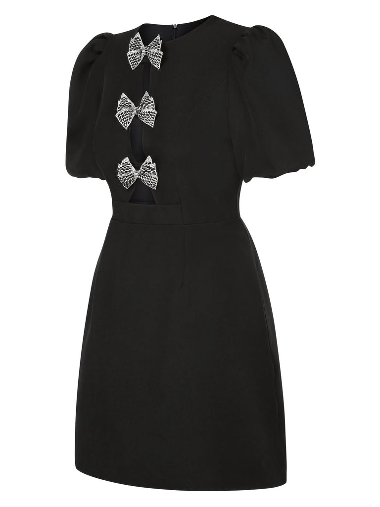 Black 1960s Solid Bow Hollow Puff Dress