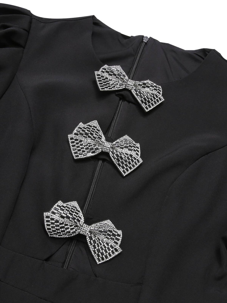 Black 1960s Solid Bow Hollow Puff Dress