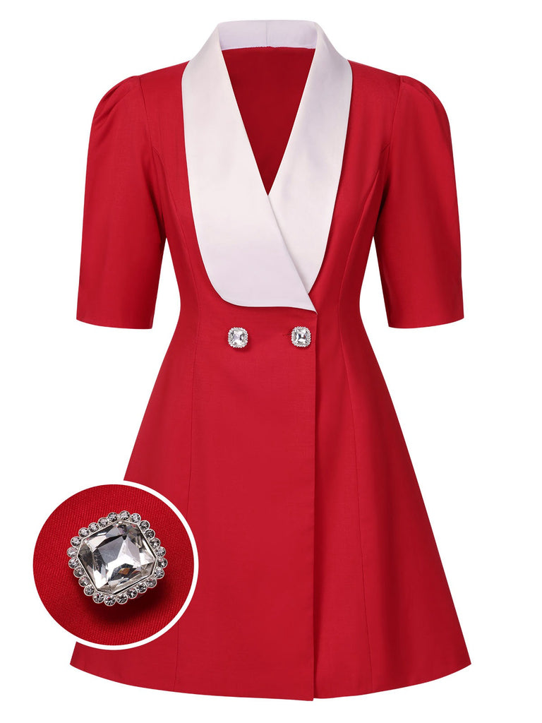 Red 1960s Solid Wide Lapel Suit Dress