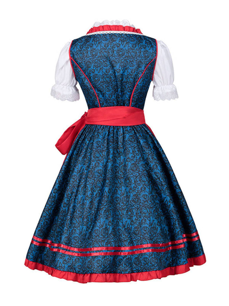 2PCS Blue 1950s Oktoberfest Bavarian Carnival Dress & Red Apron