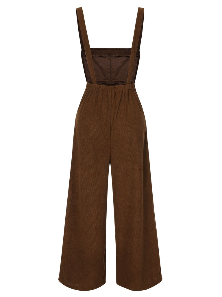 Brown 1930s Solid Corduroy Bib Jumpsuit