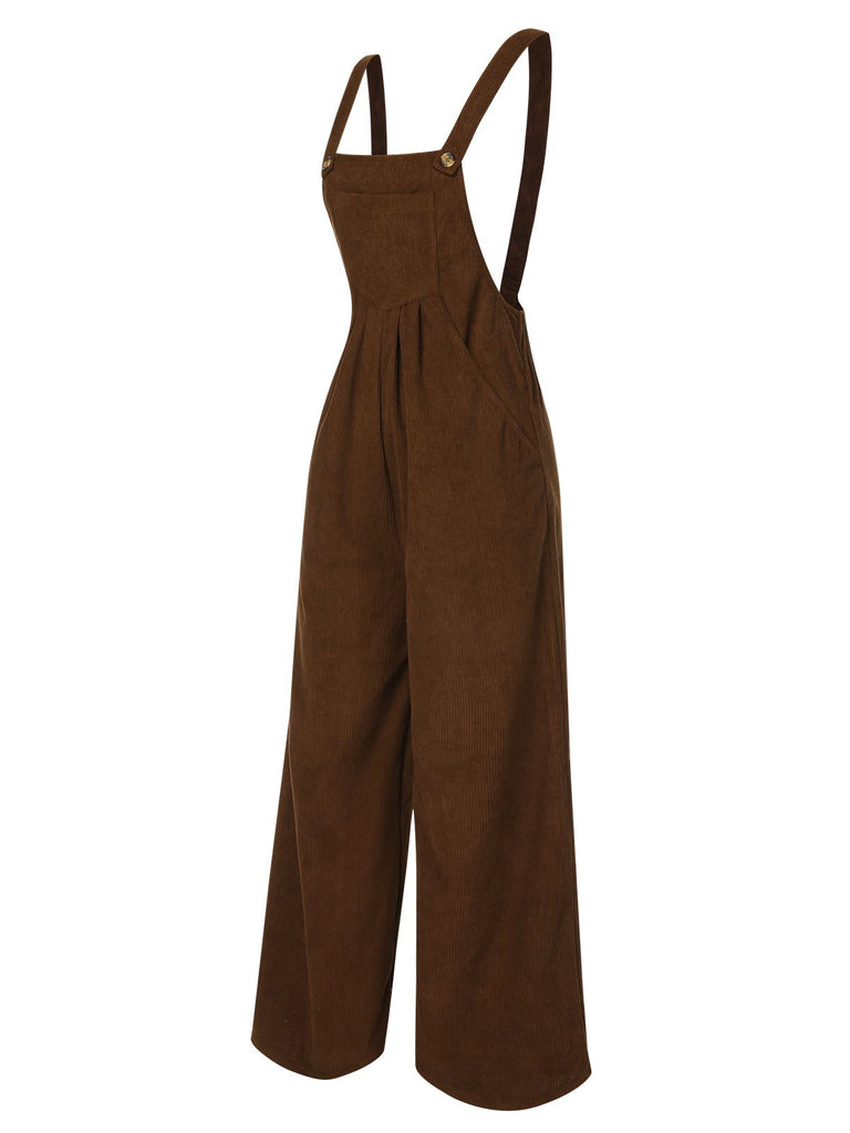 Brown 1930s Solid Corduroy Bib Jumpsuit