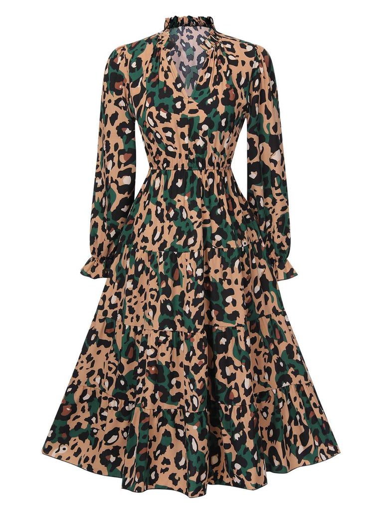 Multicolor 1940s Leopard V-Neck Layered Dress