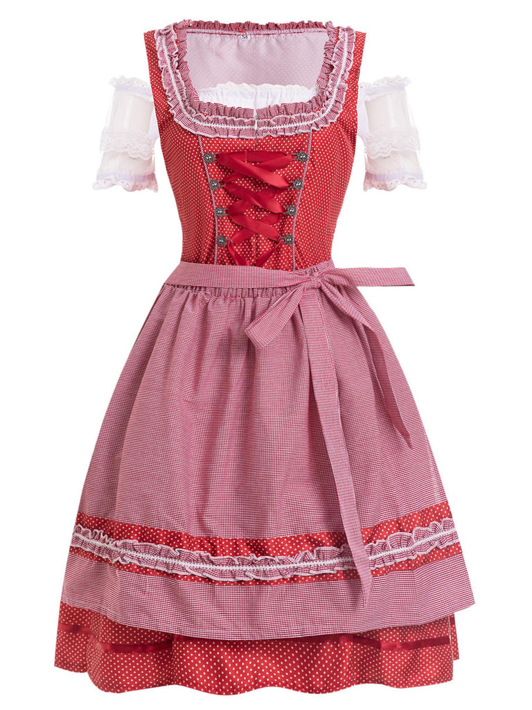 Red 1950s Lace Puff Patchwork Dress & Gingham Apron