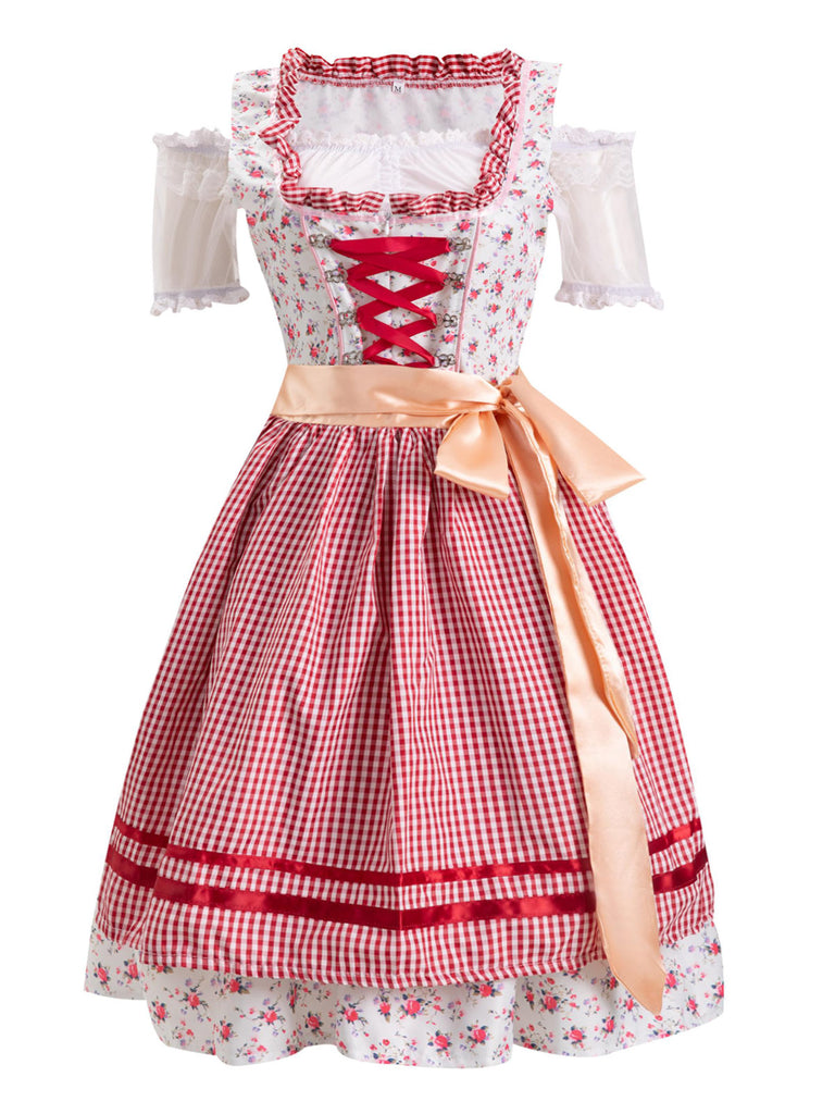 Pink 1950s Ditsy Floral Lace Dress & Gingham Apron