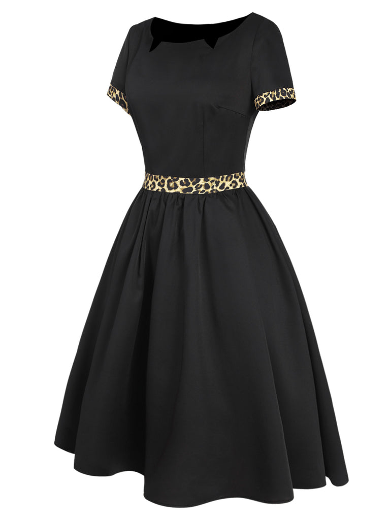 Black 1950s Boat Neck Leopard Patchwork Dress