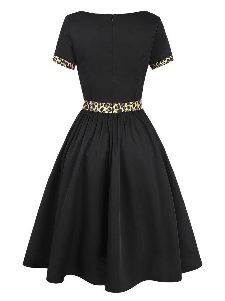 Black 1950s Boat Neck Leopard Patchwork Dress