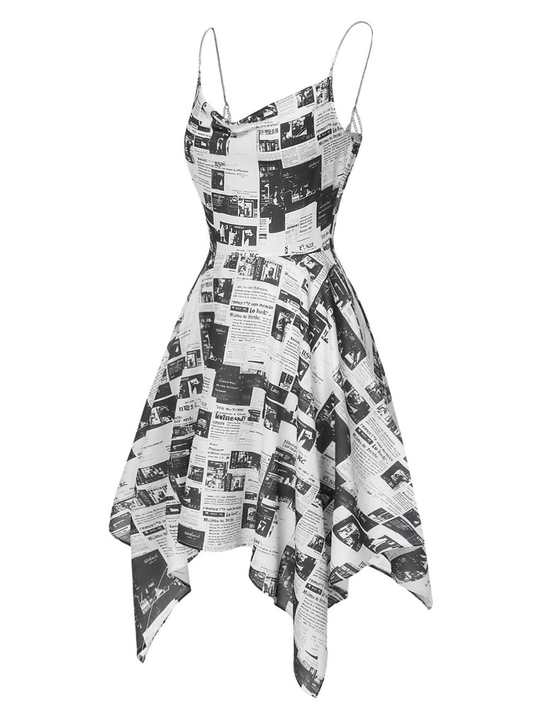 Gray 1970s Spaghetti Straps Cowl Neck Newspaper Dress