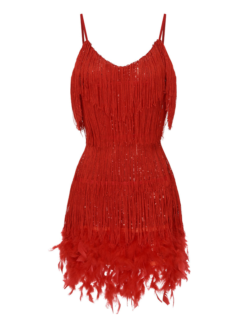 Red 1920s Spaghetti Strap Feather Fringe Dress