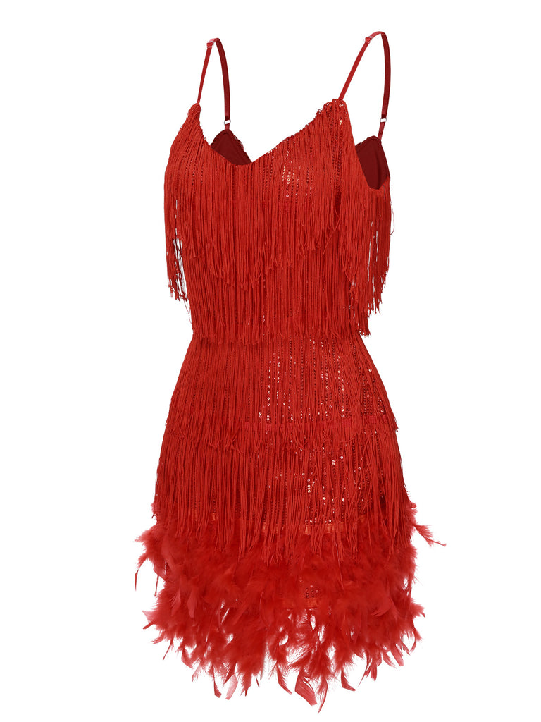 Red 1920s Spaghetti Strap Feather Fringe Dress