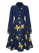 Dark Blue 1940s Lapel Cartoon Floral Dress