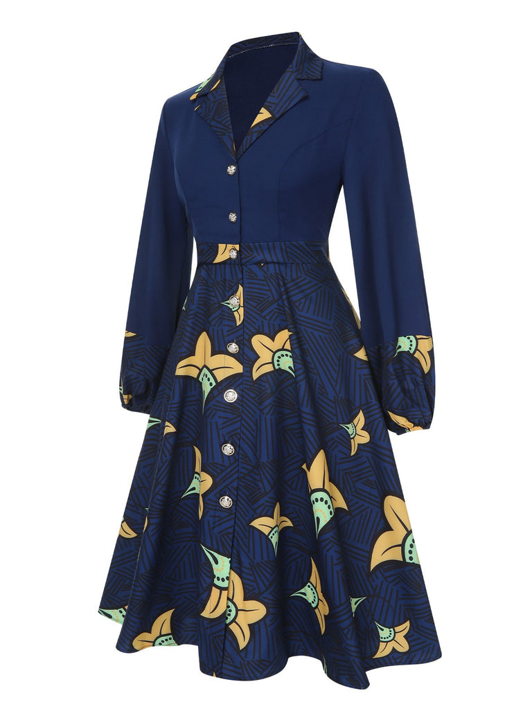 Dark Blue 1940s Lapel Cartoon Floral Dress