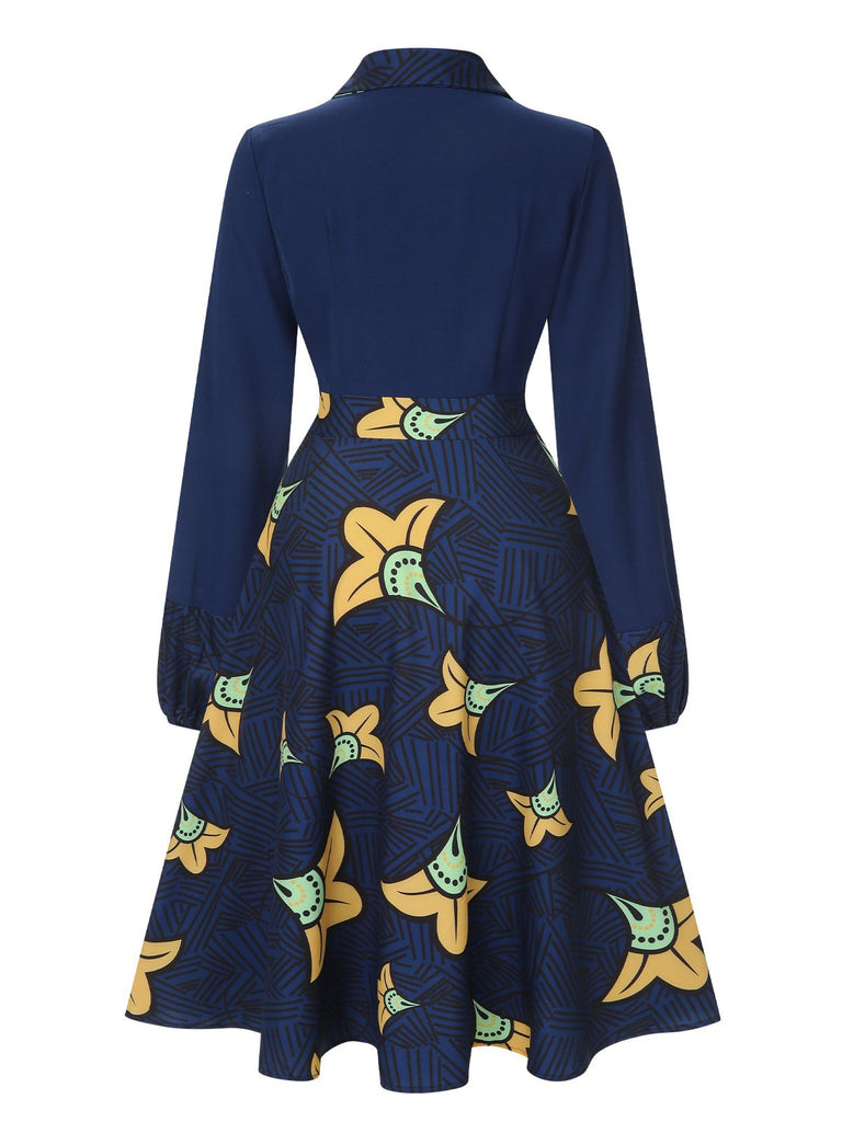 Dark Blue 1940s Lapel Cartoon Floral Dress