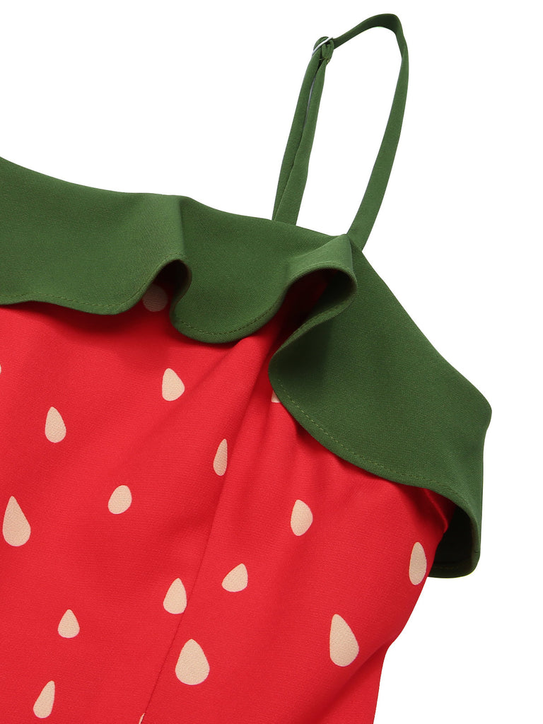 [Pre-Sale] [Plus Size] Red 1950s Strawberry Ruffle Belt Dress