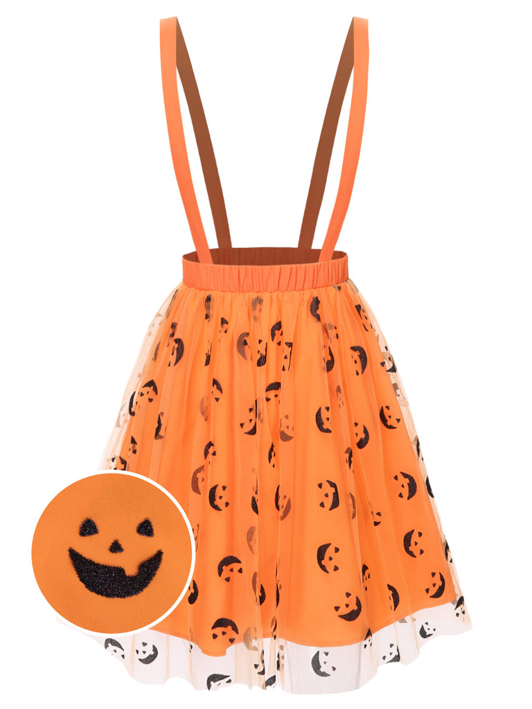 [Pre-Sale] Orange 1940s Halloween Smiley Face Mesh Suspender Skirt