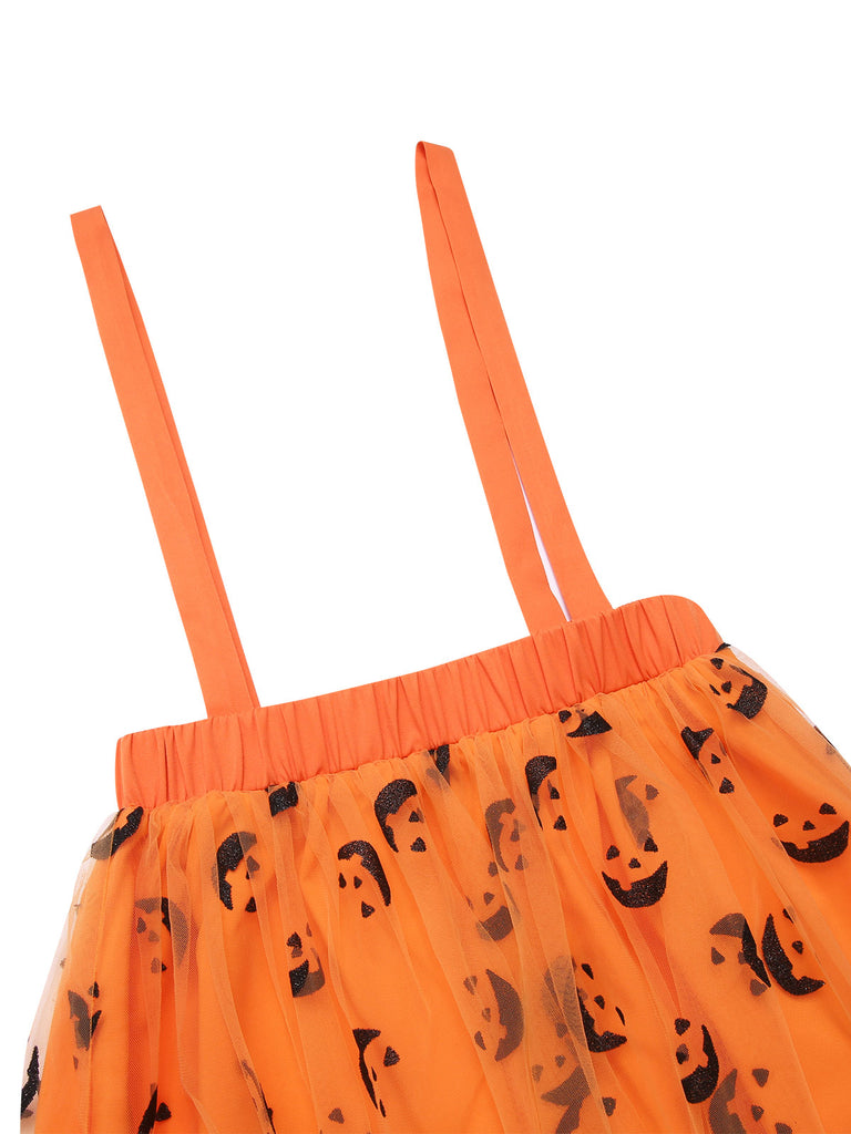 [Pre-Sale] Orange 1940s Halloween Smiley Face Mesh Suspender Skirt