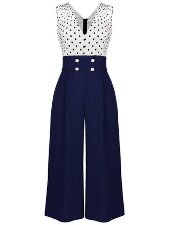 [Plus Size] Dark Blue 1930s Polka Dot Patchwork Jumpsuit