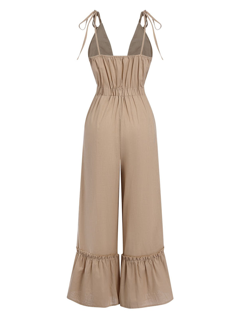 Khaki 1970s Cutout Ruffles Wide Leg Jumpsuit