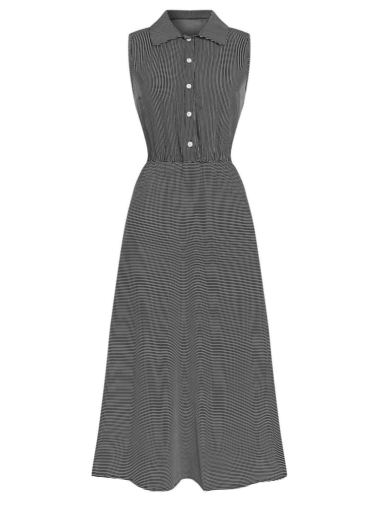 1940s Lapel Stripes Sleeveless Dress