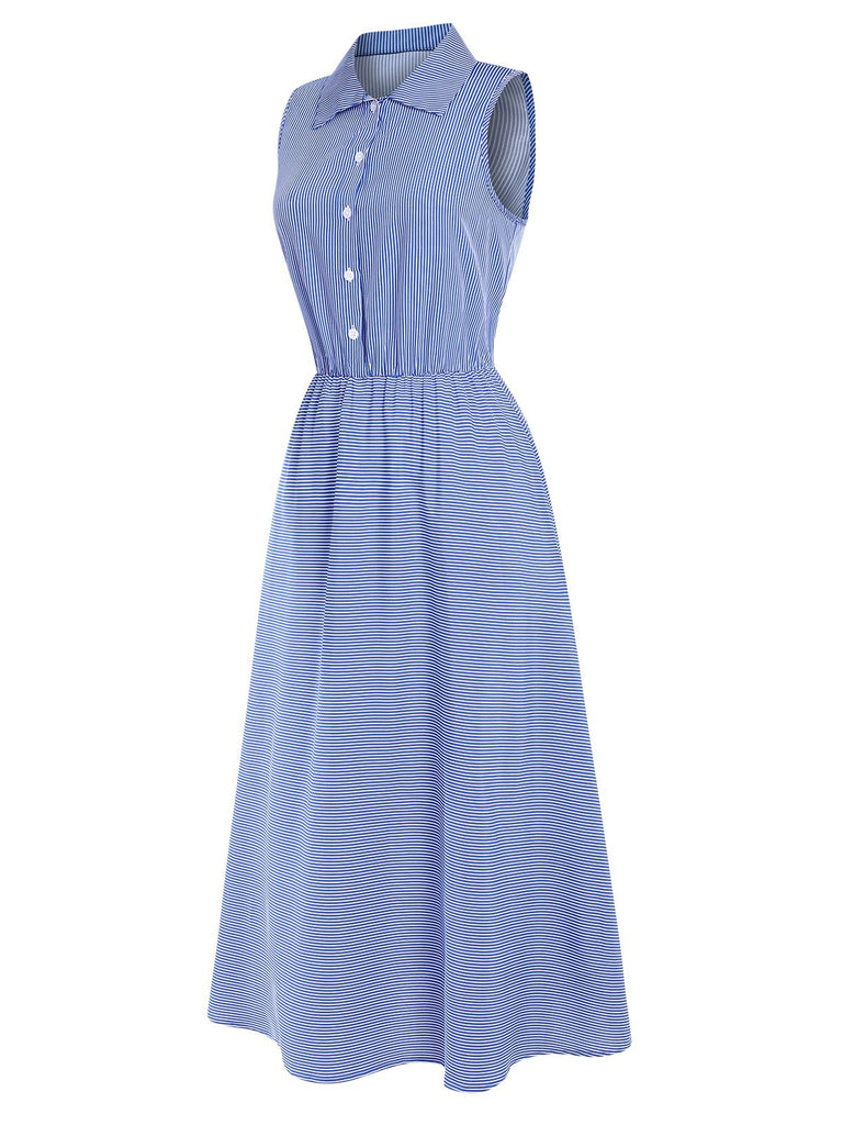 1940s Lapel Stripes Sleeveless Dress