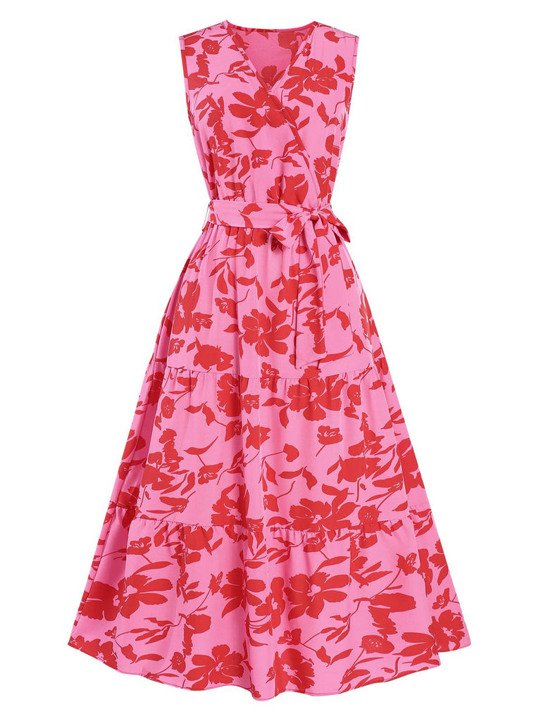 Pink 1940s Floral Wrap Belted Dress