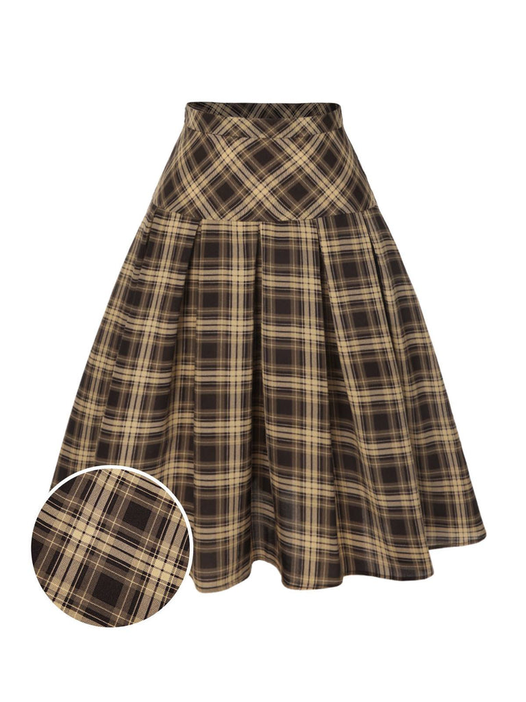 Light Brown 1950s Plaid Pleated Skirt