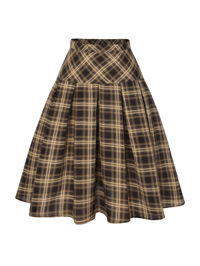 Light Brown 1950s Plaid Pleated Skirt