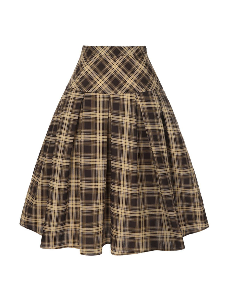 Light Brown 1950s Plaid Pleated Skirt