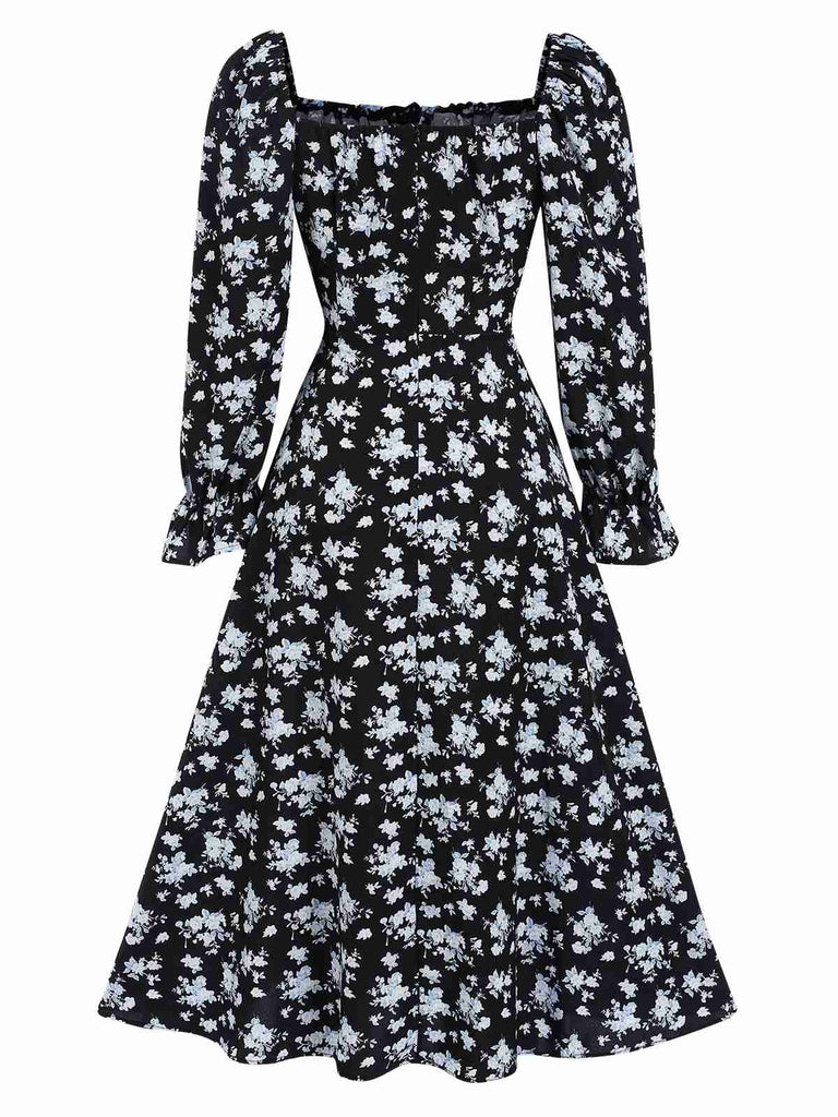 1940s Drawstring Slit Square Neck Floral Dress